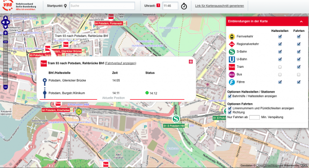 Die Straßenbahn des ViP bleibt hingegen in Potsdam. (VBB/cc-by-sa 2.0 Openstreetmap.org/Screenshot: Golem.de)